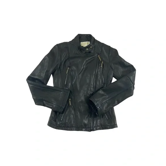 Michael Kors Women's Black Leather Biker Moto Jacket Zip Pockets Size S - Picture 7 of 10